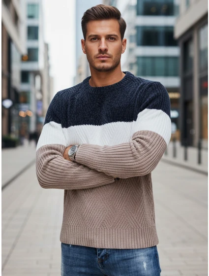 Pánský svetr s kulatým výstřihem tmavě modrý a béžový Dstreet model 21994017 - FashionStreet Pánský svetr s kulatým výstřihem tmavě modrý a béžový Dstreet model 21994017 - FashionStreet