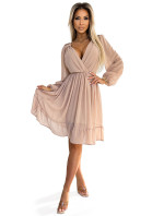 MILA - Béžové dámske šifónové midi šaty s dlhými rukávmi a výstrihom 538-1