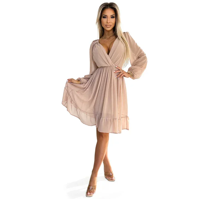 538-1 MILA Šifónové midi šaty s dlhými rukávmi a výstrihom - BEACH 538-1 MILA Šifónové midi šaty s dlhými rukávmi a výstrihom - BEACH