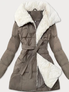Dámska béžová bunda s kožušinovým lemom, so stojacím golierom J Style (16M9165-84)
