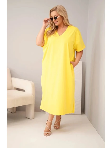 Dámské bavlněné šaty Plus Size s výstřihem do V žlutá Dámské bavlněné šaty Plus Size s výstřihem do V žlutá