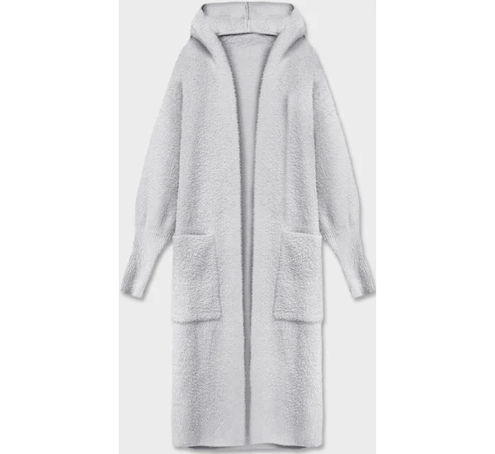 Světle šedý dlouhý vlněný přehoz přes oblečení typu alpaka s kapucí model 18028447 - MADE IN ITALY
