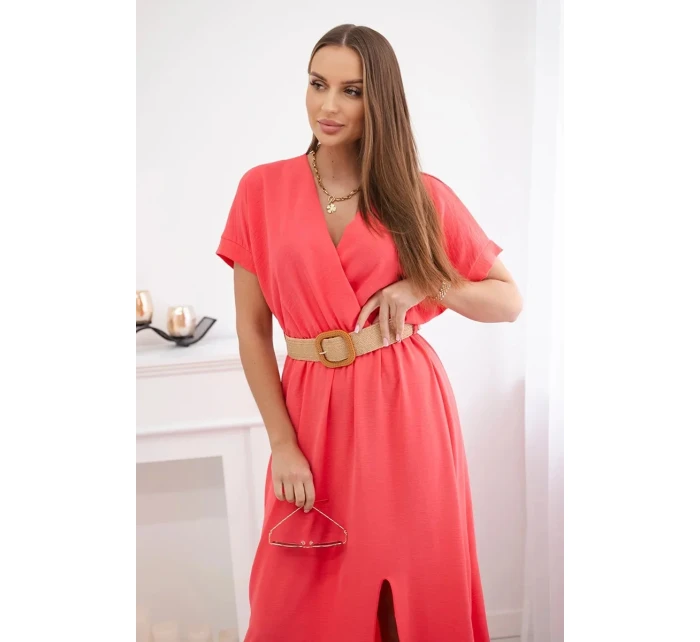 Dlouhé šaty s ozdobným páskem Růžový neon