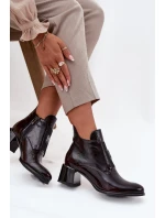 Skórzane Lakierowane Botki Na Klocku Z Ozdobnym Detalem Ocieplane Zazoo 60560 Bordowe