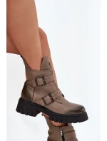 Skórzane Ocieplane Botki Damskie Z Klamrami I Ozdobnym Detalem Zazoo 60482 Ciemnobeżowe