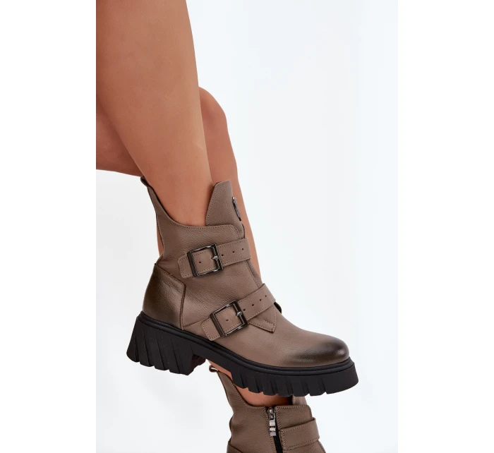 Skórzane Ocieplane Botki Damskie Z Klamrami I Ozdobnym Detalem Zazoo 60482 Ciemnobeżowe