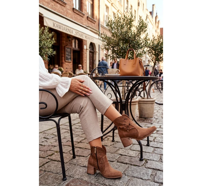 Botki Damskie Ażurowe Z Naturalnego Zamszu Na Słupku Zazoo 3690 Brązowe