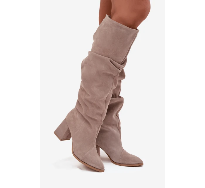 Marszczone Kozaki Z Naturalnego Zamszu Na Słupku Ocieplane Zazoo 4228 Beżowe