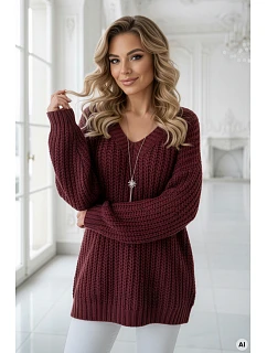 661-1 Teplý oversize sveter s véčkovým výstrihom z fleecu - bordová