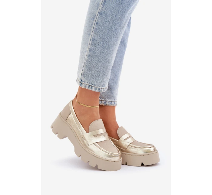 Skórzane Mokasyny Damskie Na Platformie I Płaskim Obcasie Zazoo 20191 Złote