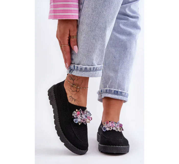 Dámske tenisky Slip-on s kameňmi Black Simple