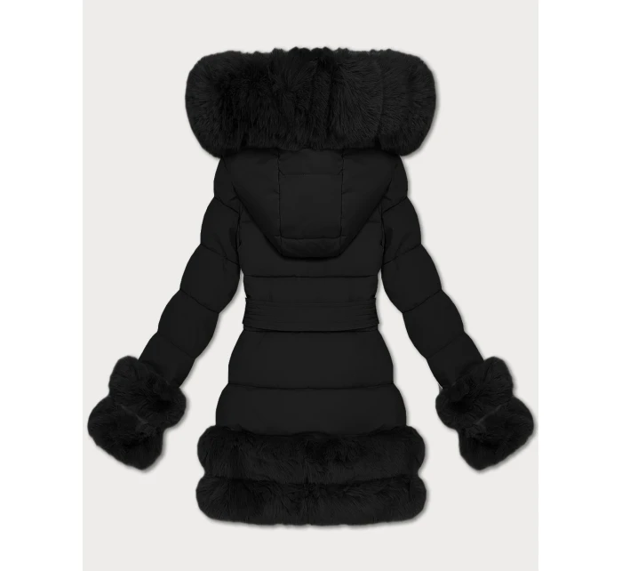 Elegantní černá bunda pro přechodné období s kožešinou model 21422869 - S'WEST