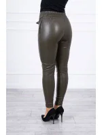 Kožené kalhoty vázané vpředu khaki barvy