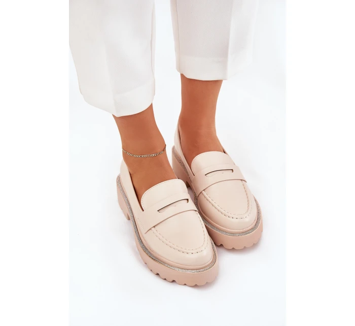 Mokasyny Damskie Eko Skórzane Z Cyrkoniami Beżowe Wilamla