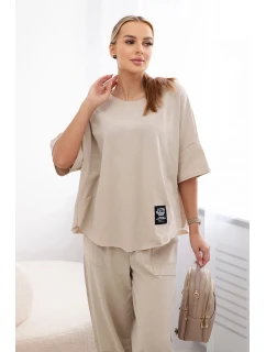 Súprava bavlnená blúzka + nohavice béžová