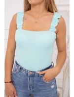 Blúzka bez ramienok s volánikmi v mätovej farbe