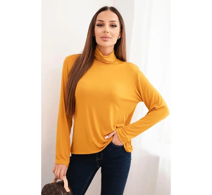 Dámska viskózna blúzka s rolákom a dlhými rukávmi horčicovej farby