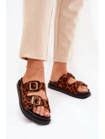 Klapki Damskie W Panterkę Na Platformie Z Klamrami Brązowe Simbes