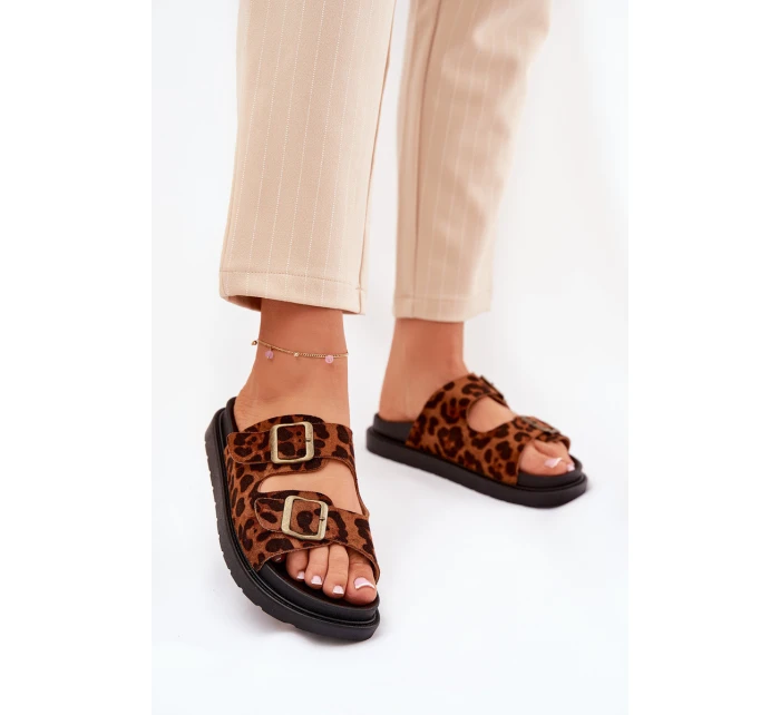 Klapki Damskie W Panterkę Na Platformie Z Klamrami Brązowe Simbes