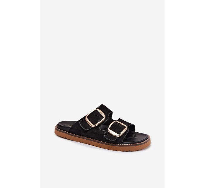 Dámské pantofle z imitace semiše s zlatými přezkami Černé model 22122722 - Boto