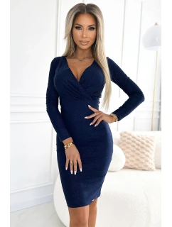 387-8 Priliehavé šaty s obálkovým výstrihom a dlhými rukávmi - GRANITE s trblietkami