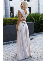 Elegantní béžové dlouhé dámské šaty s brokátem a s  vázání model 20110813 - numoco