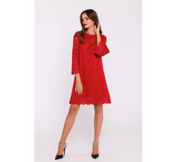 S380 Čipkované trapézové šaty - červené S380 Čipkované trapézové šaty - červené
