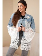 Dámská džínová bunda z bavlny a květinovou krajkou světle džínová