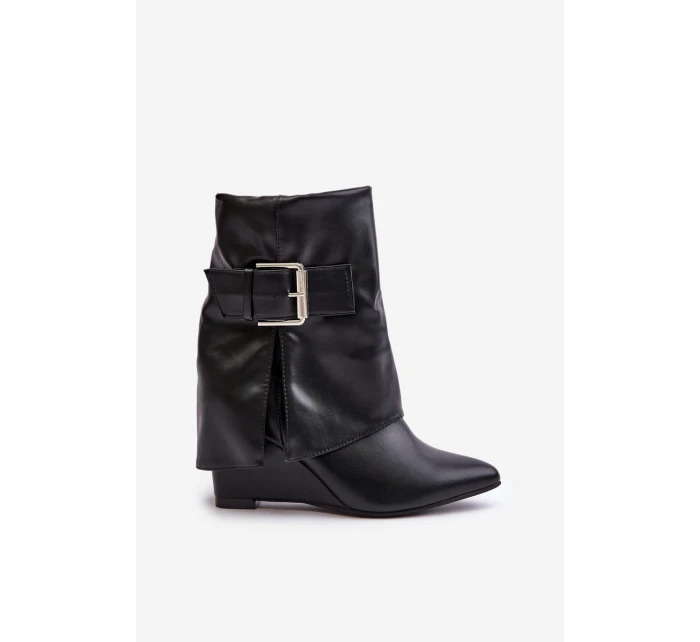Botki Na Koturnie Z Wywiniętą Cholewką I Klamrą Czarne Vortinia Botki Na Koturnie Z Wywiniętą Cholewką I Klamrą Czarne Vortinia