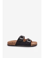 Materiałowe Klapki Na Korkowej Podeszwie Z Klamrami Czarne Atera