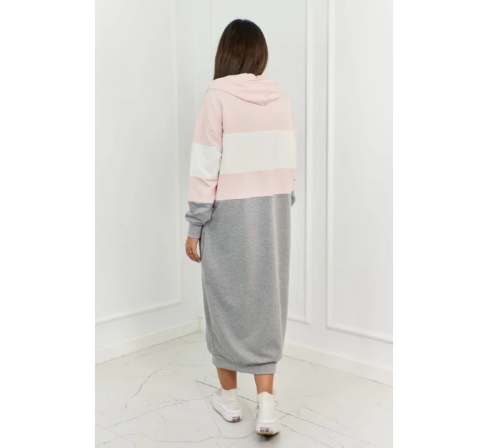 Trikolórne šaty s kapucňou púdrovo ružová + ecru + šedá Trikolórne šaty s kapucňou púdrovo ružová + ecru + šedá