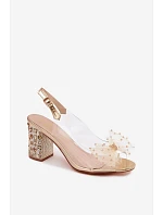 Sandály na podpatku s krystaly síťová mašle D&A MR61-9010 Zlaté