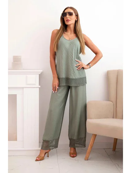 Dámská souprava z viskózy, top na model 21193178 ramínkách a kalhoty s širokými nohavicemi khaki - K-Fashion