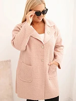 Dámský kabát Plus Size beránek s vlnou a kapsami pudrově růžový