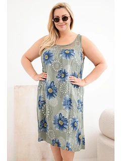 Dámské viskózové šaty Plus Size s květinovým vzorem a krajkovým výstřihem khaki