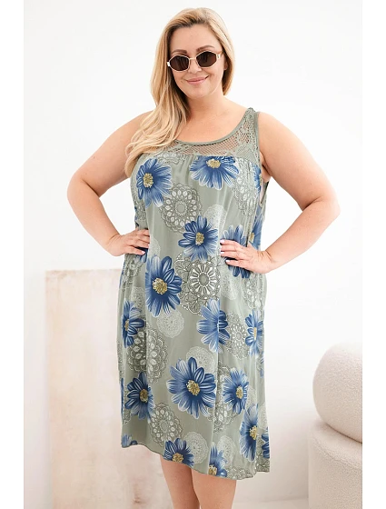 Dámské viskózové šaty Plus Size s květinovým vzorem a krajkovým výstřihem khaki