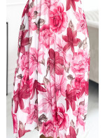 CARLA - Plisované dámske midi šaty s gombíkmi, dlhými rukávmi a so vzorom tmavo ružových kvetov na bielom pozadí 449-5