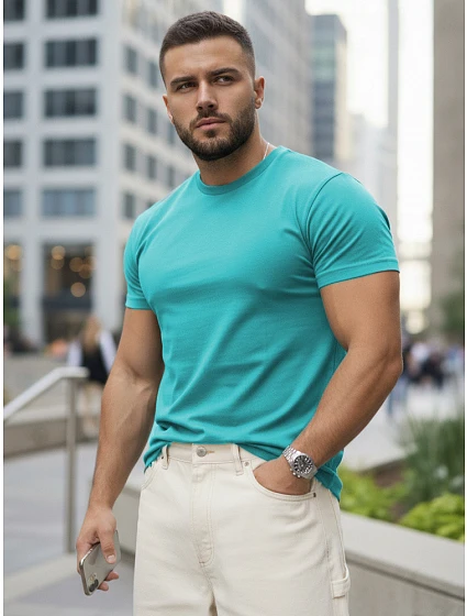 Pánske bavlnené tričko basic v tyrkysovej farbe FashionStreet RX5692 Pánske bavlnené tričko basic v tyrkysovej farbe FashionStreet RX5692