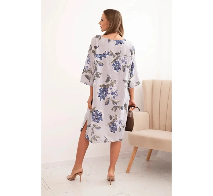 Dámská bavlněná šaty s květinovým vzorem a 3/4 rukávem šedá Dámská bavlněná šaty s květinovým vzorem a 3/4 rukávem šedá