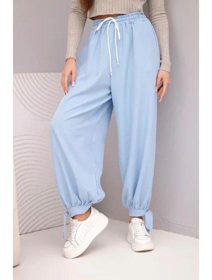 Dámské kalhoty s širokým model 22018656 a zavazováním dole modré - K-Fashion
