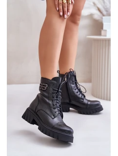 Zazoo 60486 Skórzane Botki Workery Ocieplane Czarne