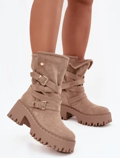 Dámské boty na podpatku s přezkami a páskem béžové model 21715455 - Boto