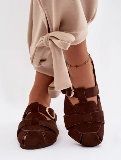 Dámské mules s pásky a zlatým přezkou Čokoládové Ganelle