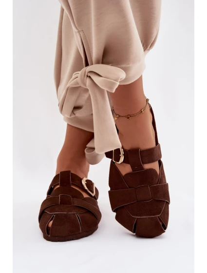 Dámske mules s pásmi a zlatou prackou Chocolate Ganelle Dámske mules s pásmi a zlatou prackou Chocolate Ganelle