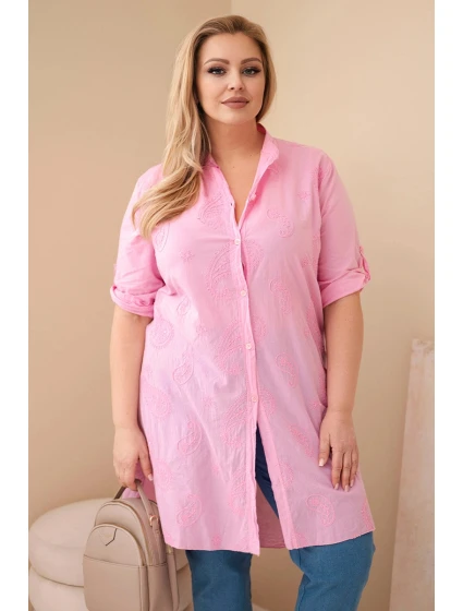 Dámske Plus veľkosť šaty s výšivkou a volánové rukávy svetlo ružová