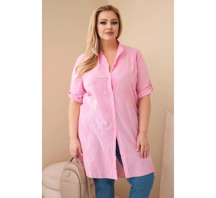 Dámske Plus veľkosť šaty s výšivkou a volánové rukávy svetlo ružová