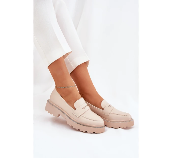 Mokasyny Damskie Eko Skórzane Z Cyrkoniami Beżowe Wilamla