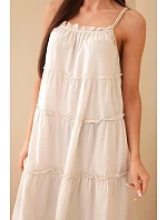 Dámske bavlnené šaty bez ramienok s volánmi béžovej farby