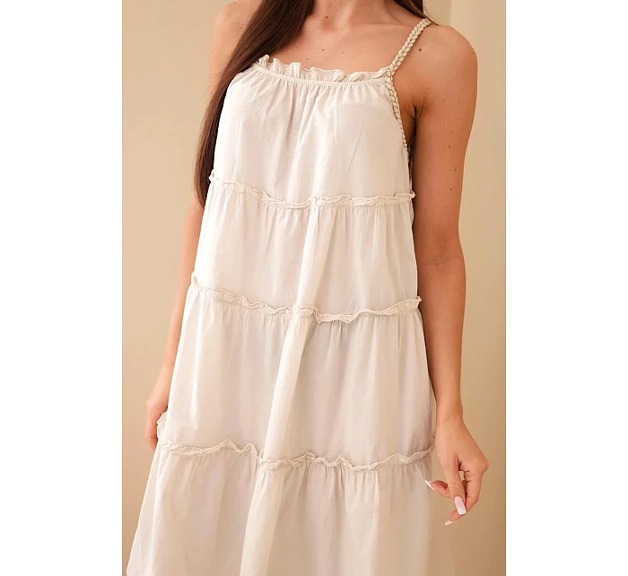 Dámske bavlnené šaty bez ramienok s volánmi béžovej farby