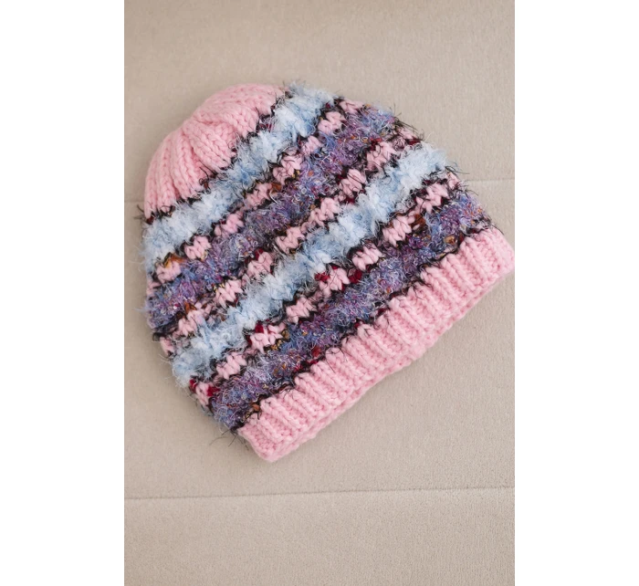 Dámska zimná čiapka s farebnou priadzou a elastickou šnúrkou K352 svetloružová+fialová+modrá